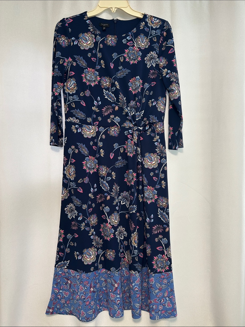 Talbots Navy Floral Long-Sleeve Tie-Waist Midi Dress with Blue Hem